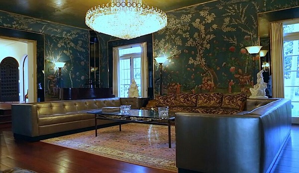 Hand painted murals & mirrored verre églomisé panels. 