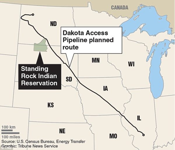 Part of what makes things contentious: The Planned route- depending on who you speak to, either crosses, nears, touches, goes through, or avoids Standing Rock Reservation.